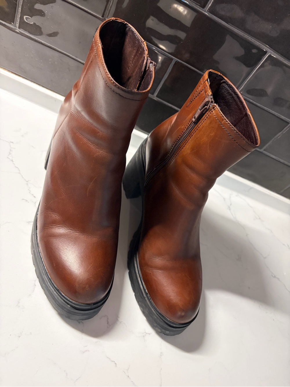 Jeffrey Campbell Chestnut Brown Leather Lug Sole Ankle Boots